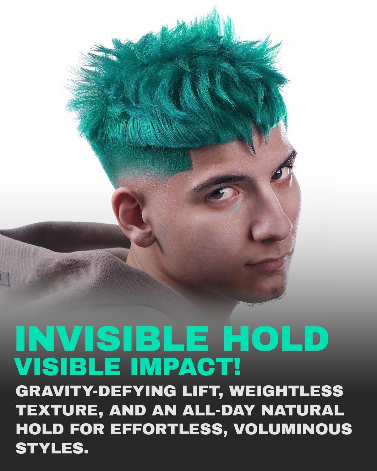 Person with teal hair styled in a modern cut, with promotional text about hair product.