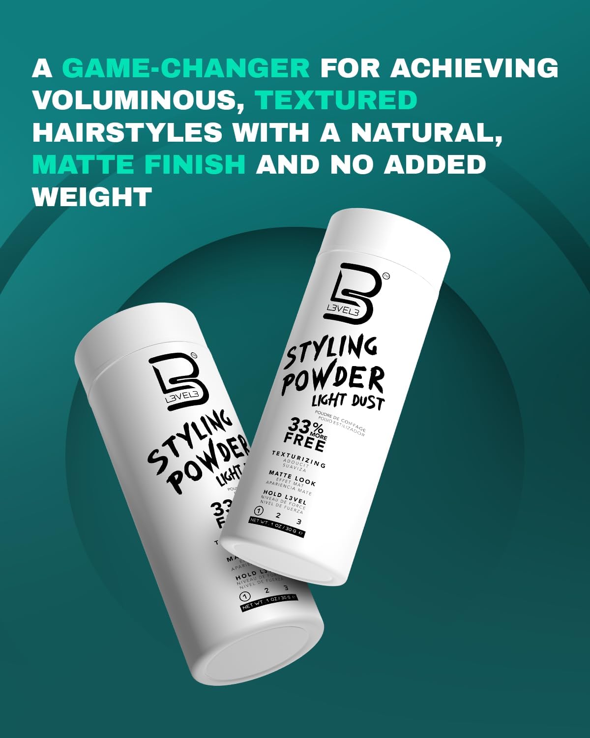 Two bottles of styling powder with text on a teal background L3VEL3 Styling Powder Dust Light, 1 Oz.