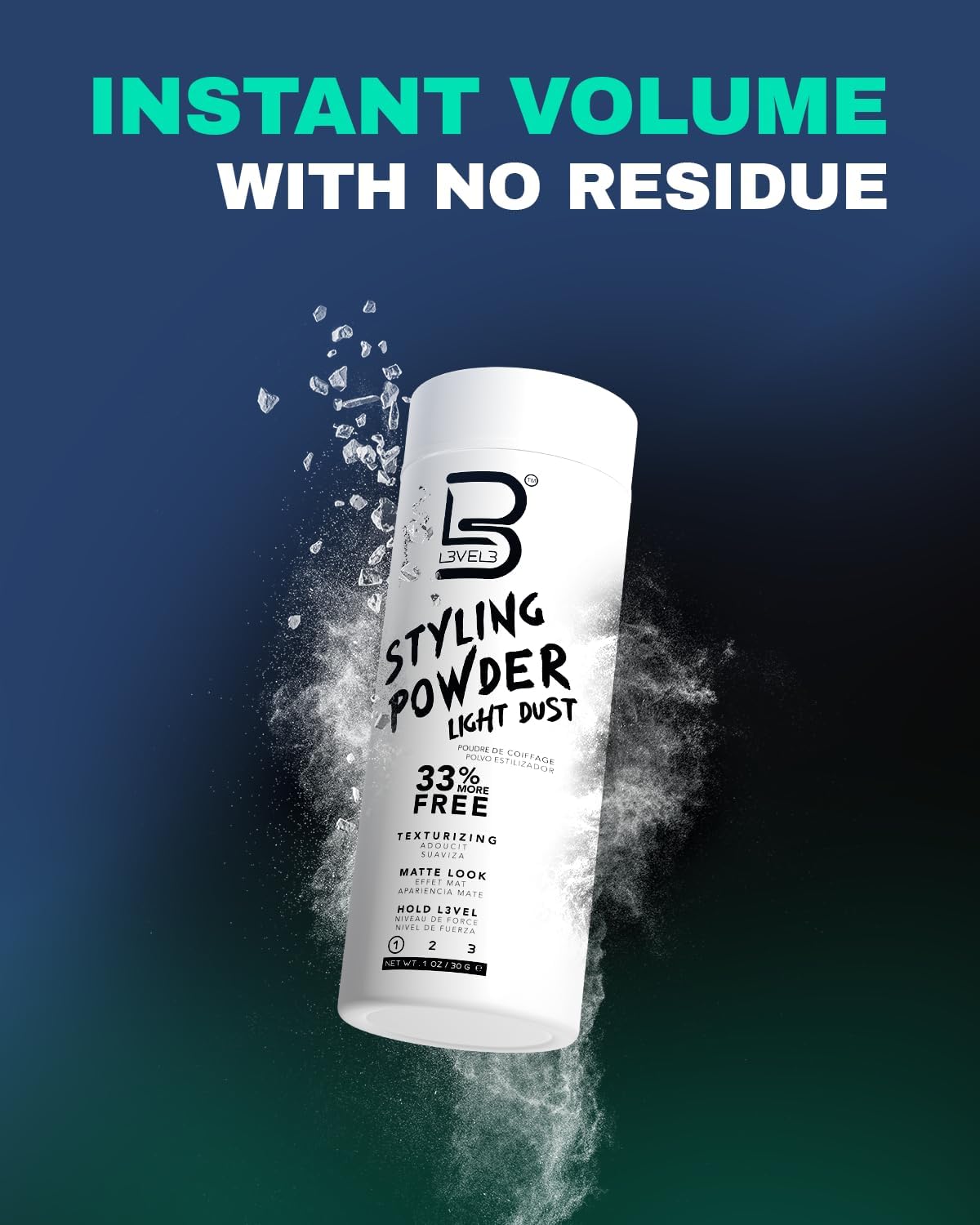 Styling powder bottle with text 'Instant Volume with No Residue' on a blue gradient background