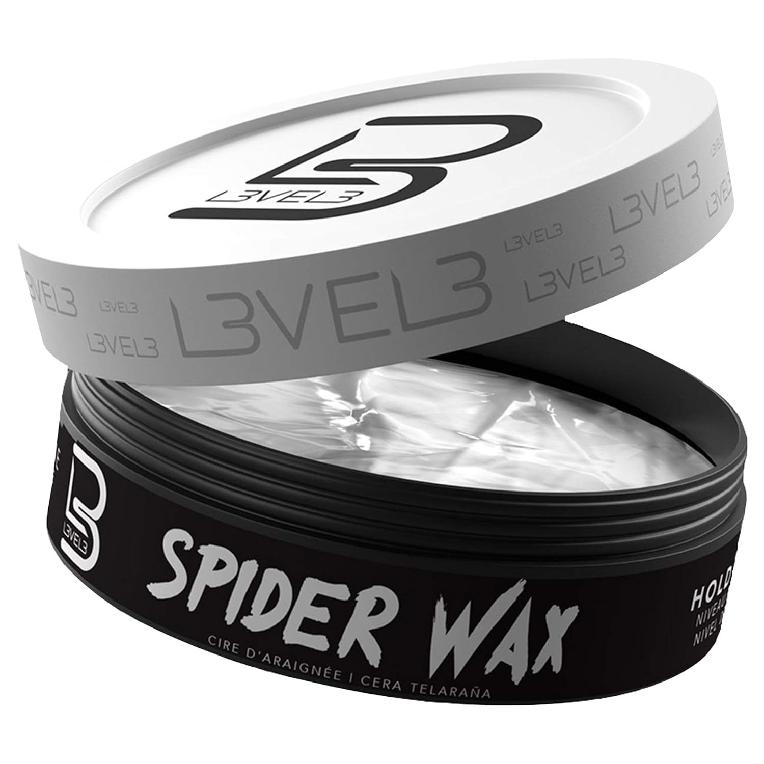 Level 3 Spider Wax container with white spider webs inside on a white background