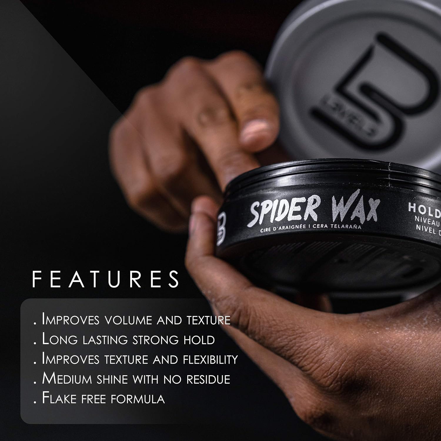 Spider Wax product with features listed on a dark background