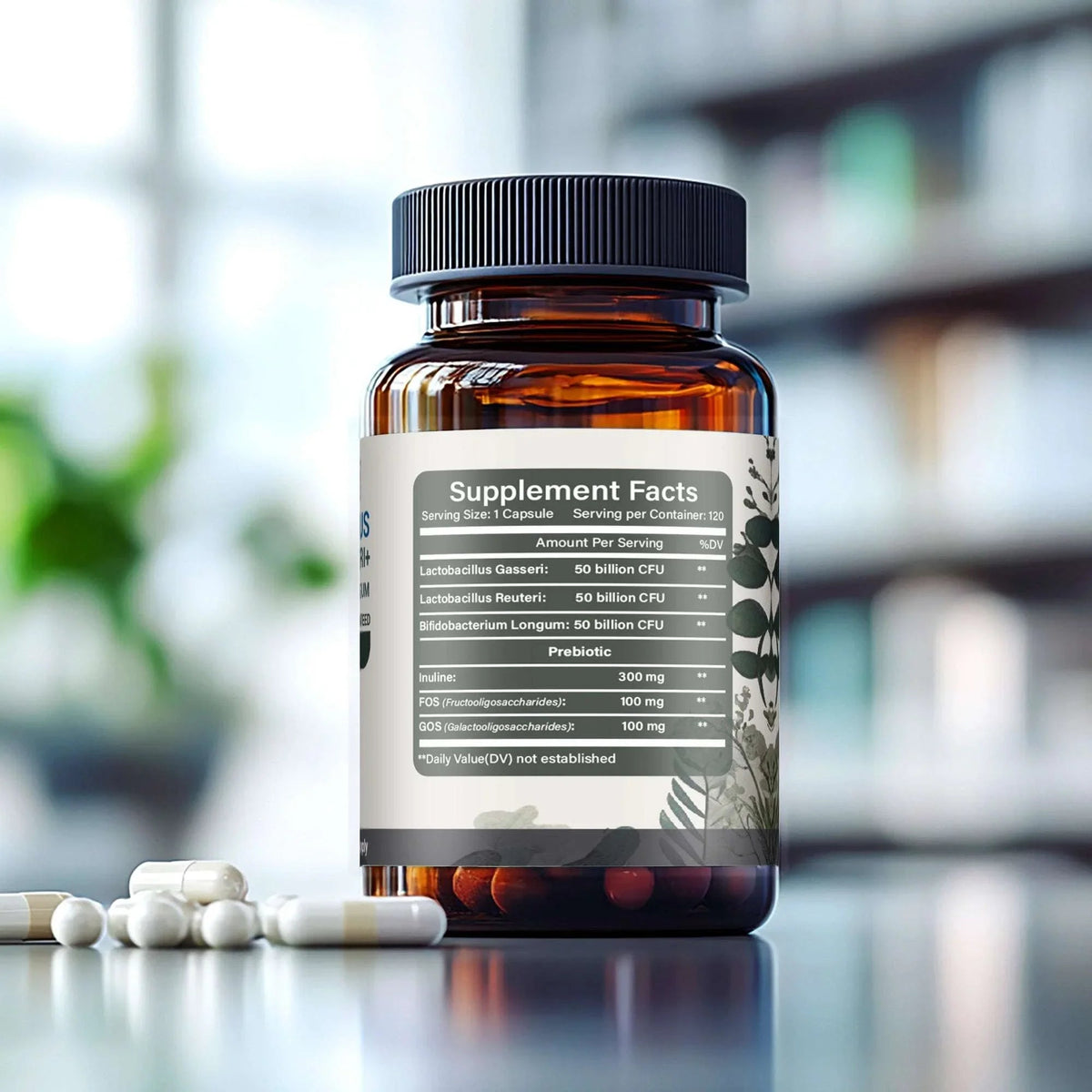 Supplement bottle with label on a blurred background