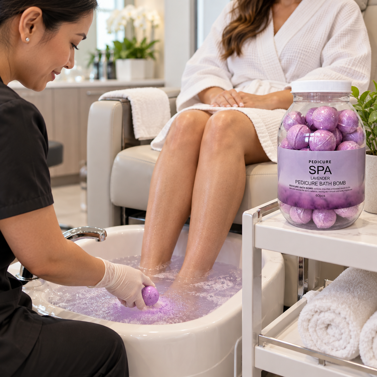 Lavender pedicure bath bomb used in a professional foot spa
