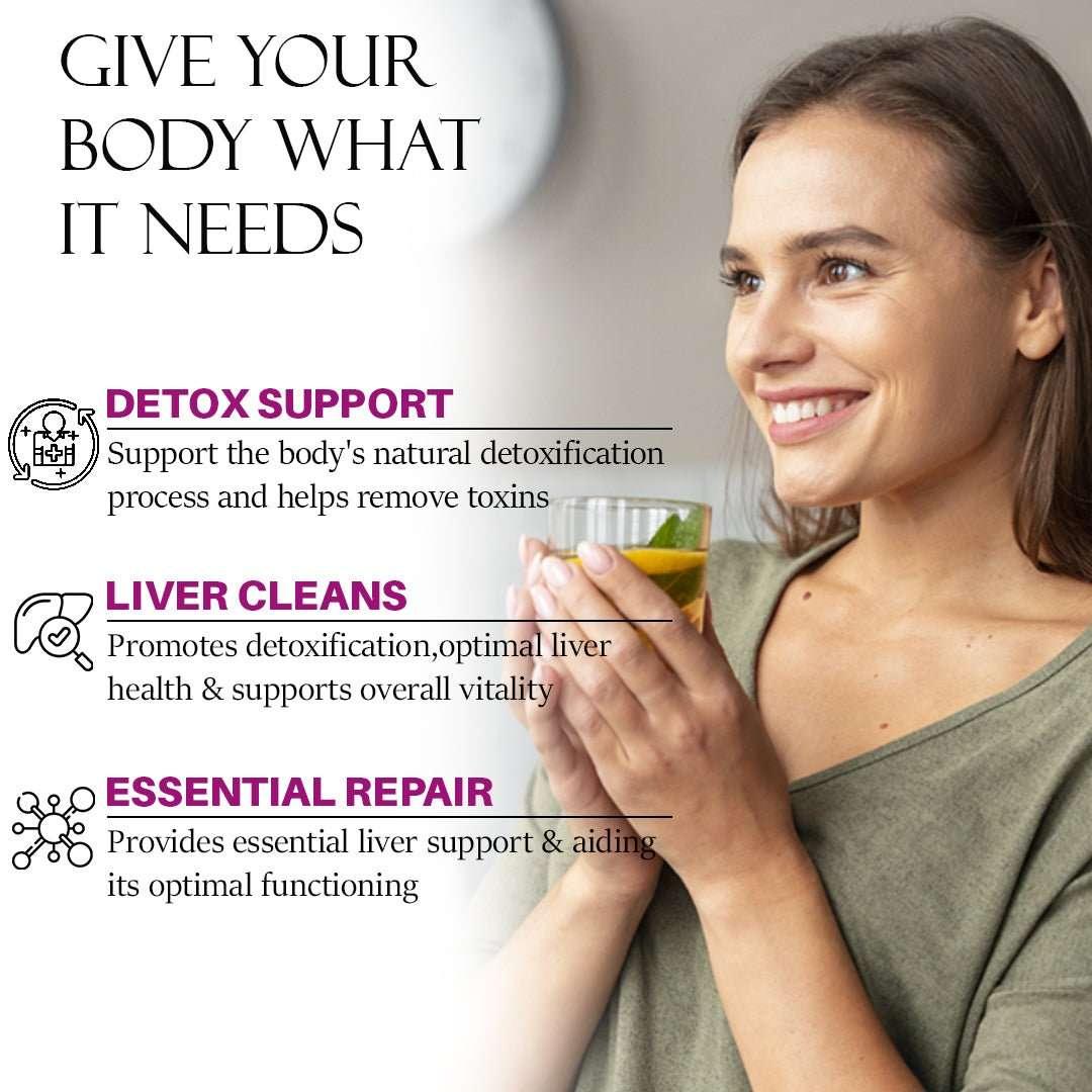 Woman holding a glass of juice with detox support text overlay