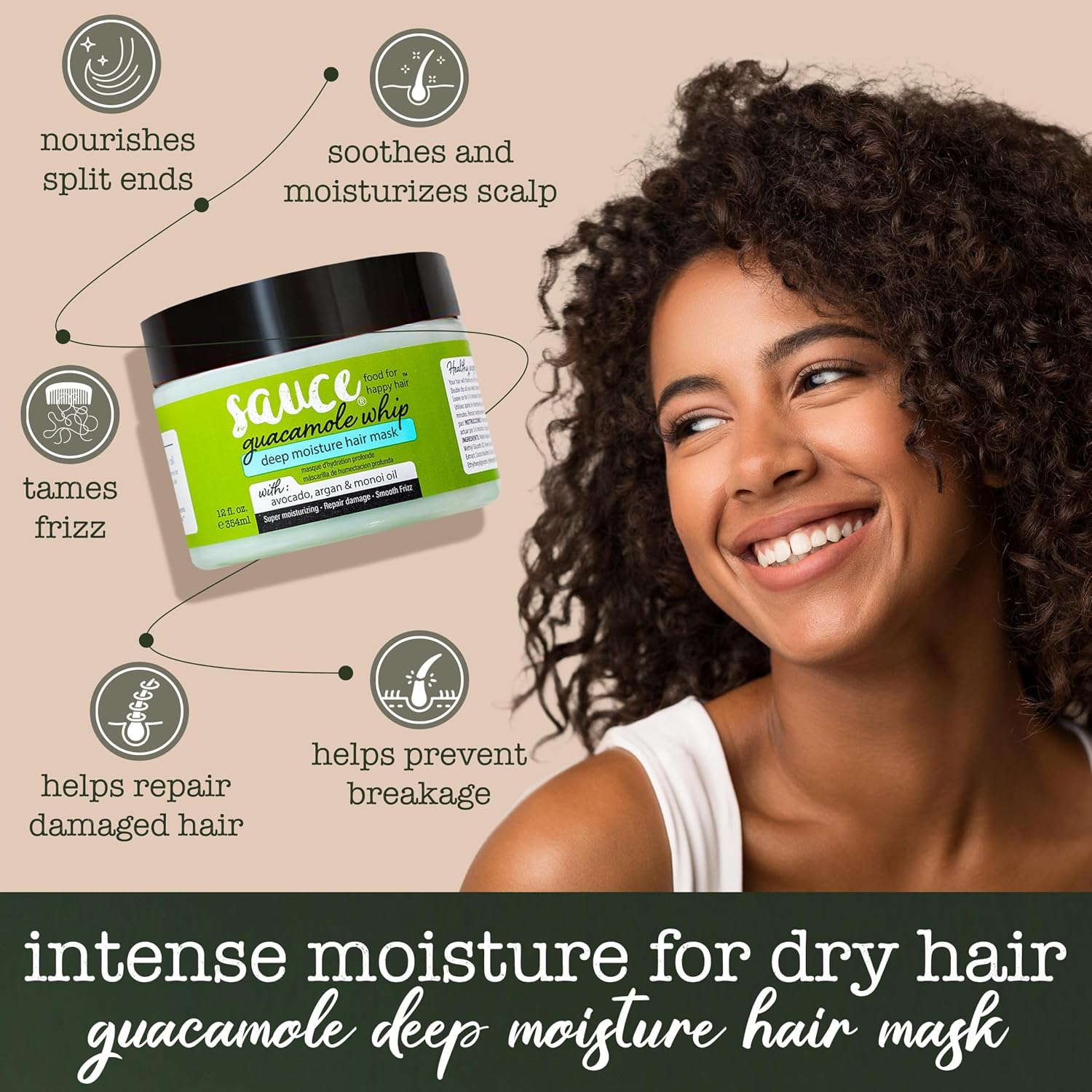 A jar of Sauce Guacamole Intense Moisture Hair Mask is shown on a beige background with feature callouts and a smiling woman with curly hair. Text at the bottom reads 'intense moisture for dry hair' and 'guacamole deep moisture hair mask.