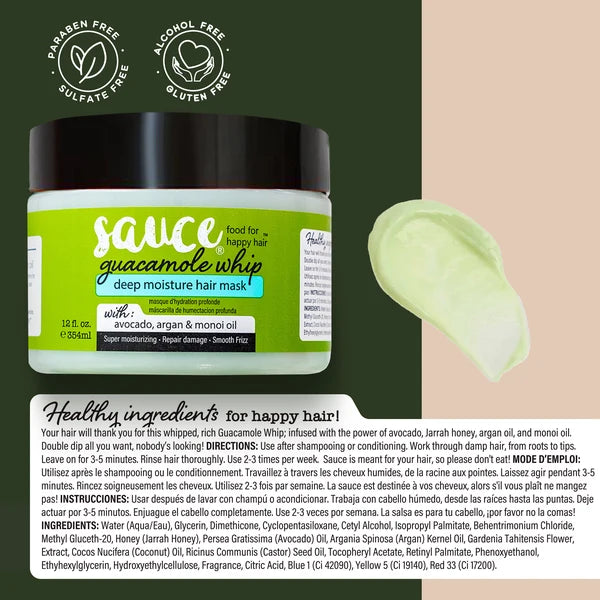 A jar of Sauce Happy Guacamole Whip deep moisture hair mask shown next to a pale green hair swatch on a white background, with a large ingredients panel and usage instructions below.
