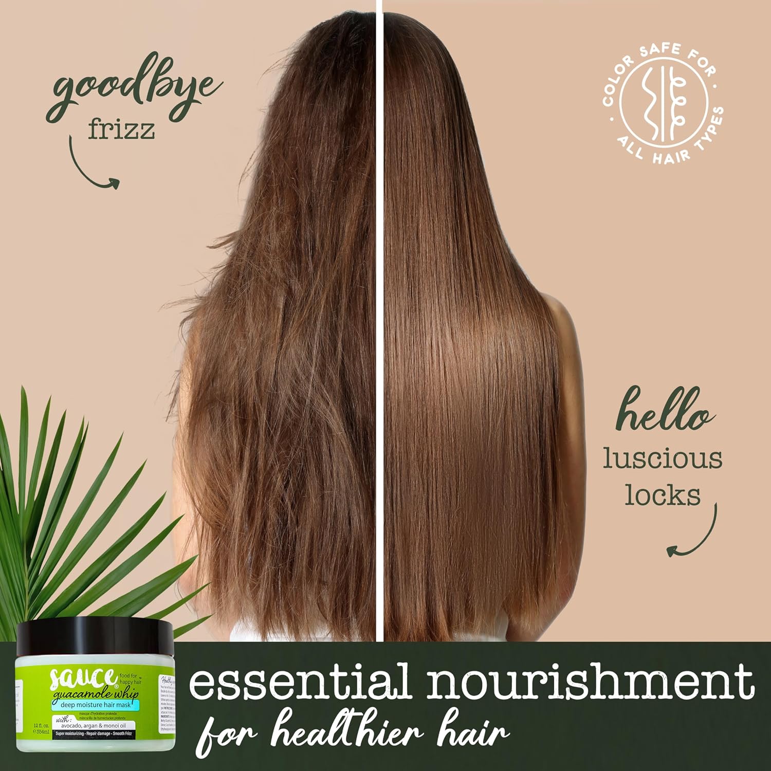 Before and after comparison of hair with a hair care product, showing frizzy hair on the left and smooth, luscious locks on the right.
