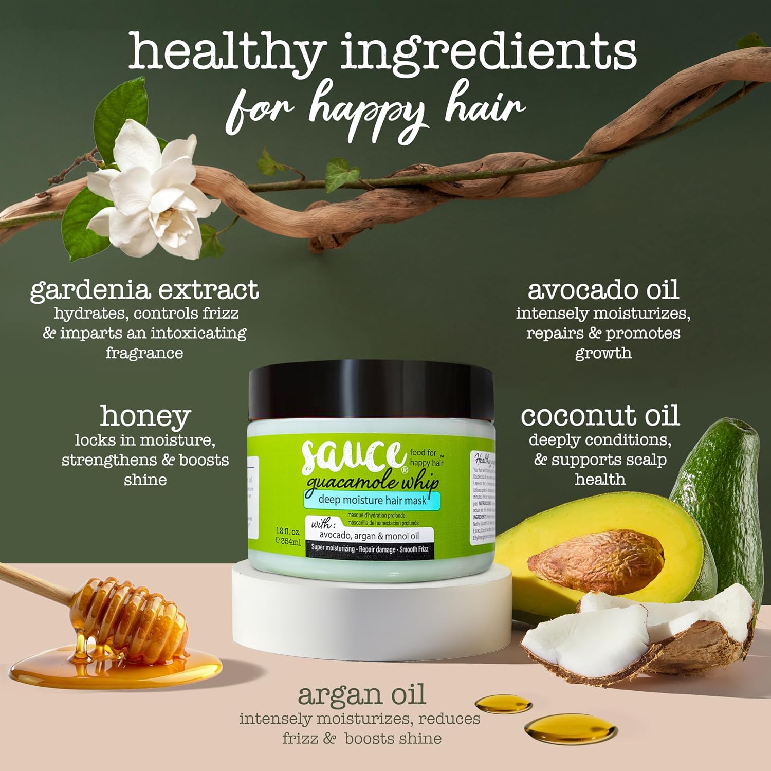 Hair mask jar with ingredients like avocado, honey, and coconut oil displayed on a green background.