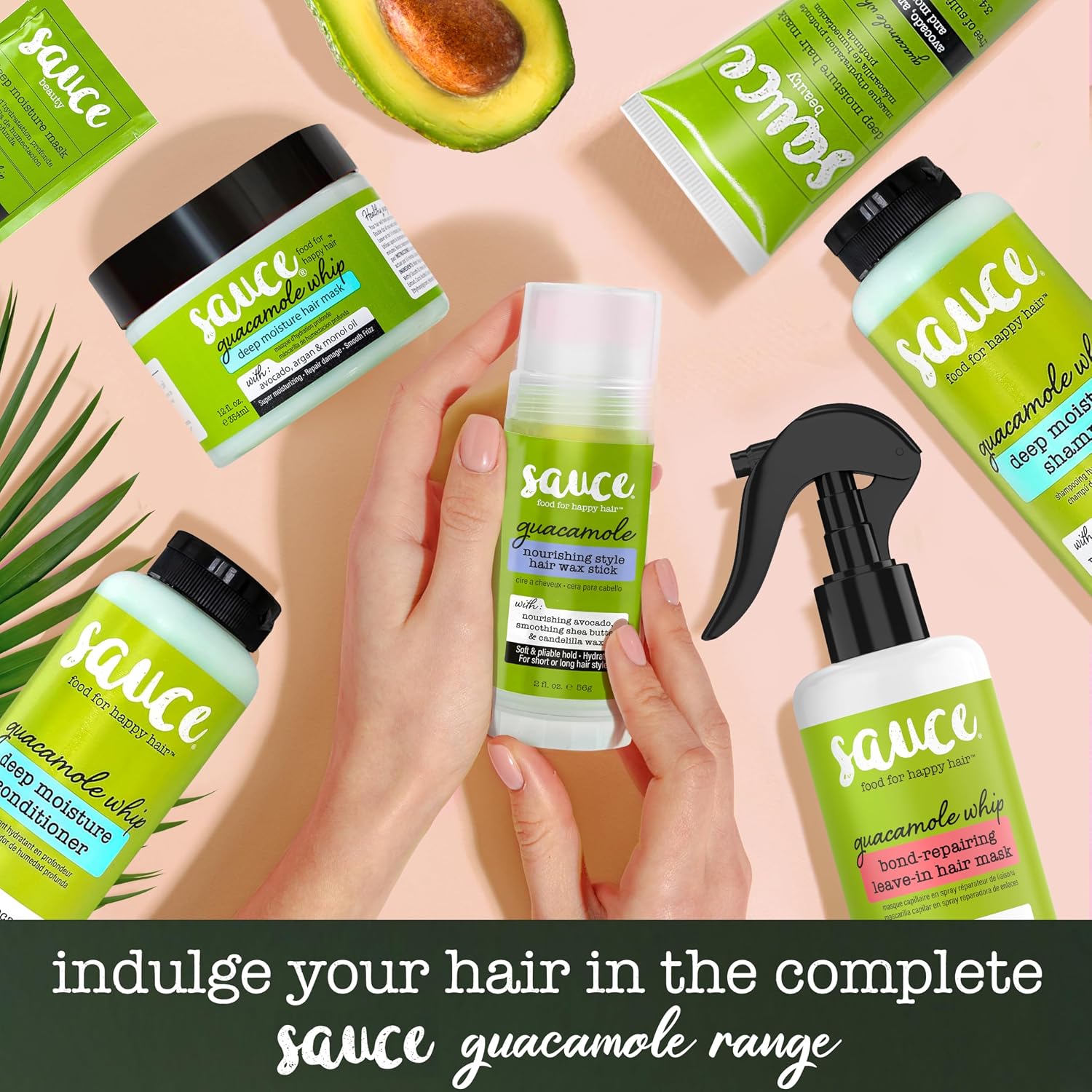 Sauce Guacamole hair care products on a pink background with text 'indulge your hair in the complete Sauce Guacamole range'.