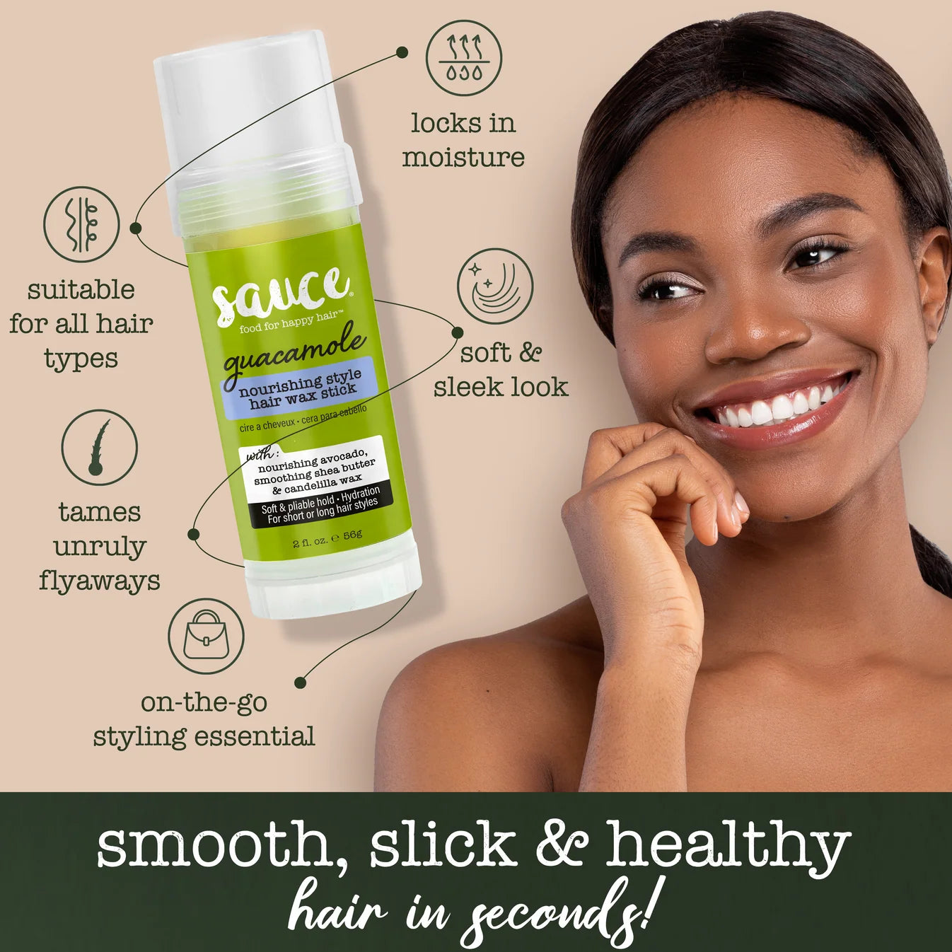 Woman with a bottle of 'Sauce Guacamole' hair product on a beige background