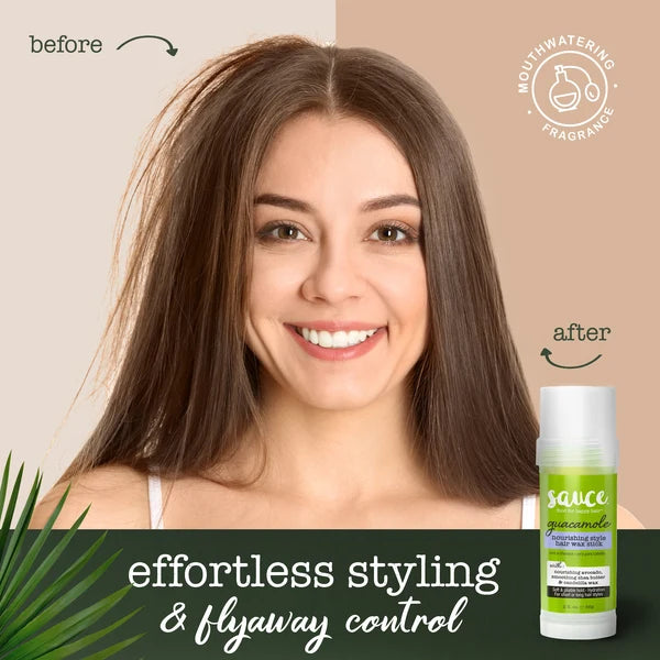 A woman with long brown hair is shown with before/after styling results, alongside a small bottle of sauce by Guacanavallo mouthwatering fragrance flyaway control spray. Text overlays describe effortless styling and flyaway control.
