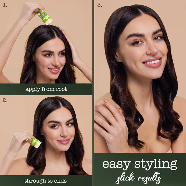 Step-by-step guide on applying hair product with a woman showing results.