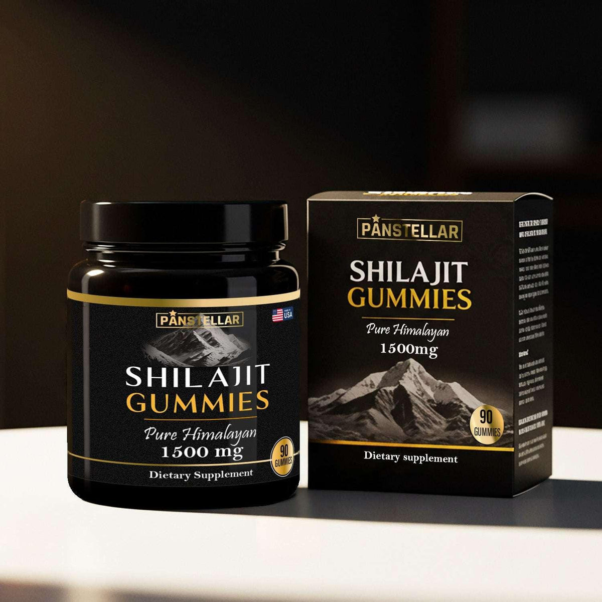 Pansstelllar Shilajit Gummies supplement bottle and packaging on a dark background