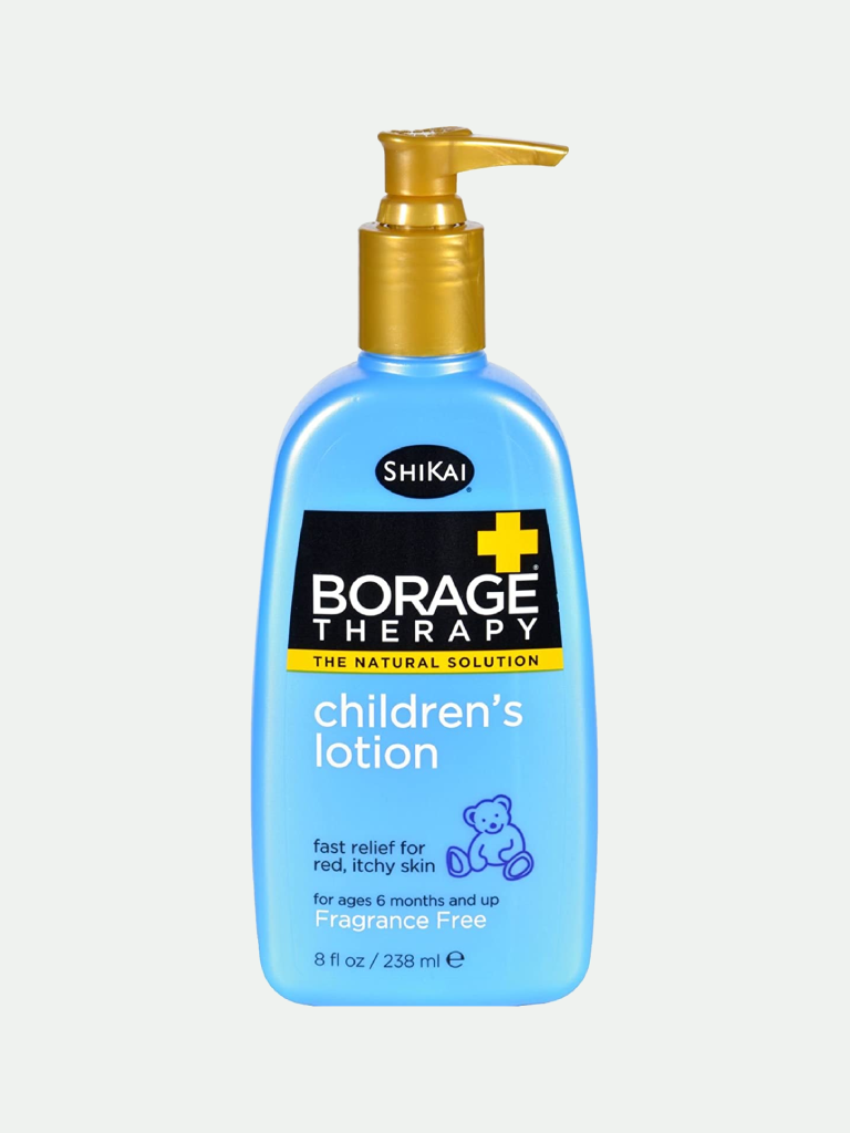 A pump bottle of Shikai Borage Dry Skin Therapy Natural Formula Lotion For Children, with a blue label and a golden spray nozzle.
