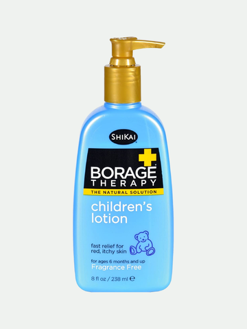 A pump bottle of Shikai Borage Dry Skin Therapy Natural Formula Lotion For Children, with a blue label and a golden spray nozzle.