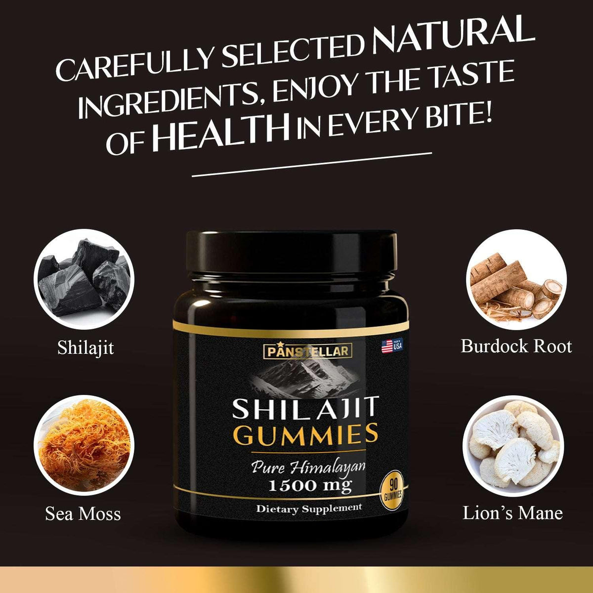 Shilajit Gummies supplement bottle with ingredients on a dark background