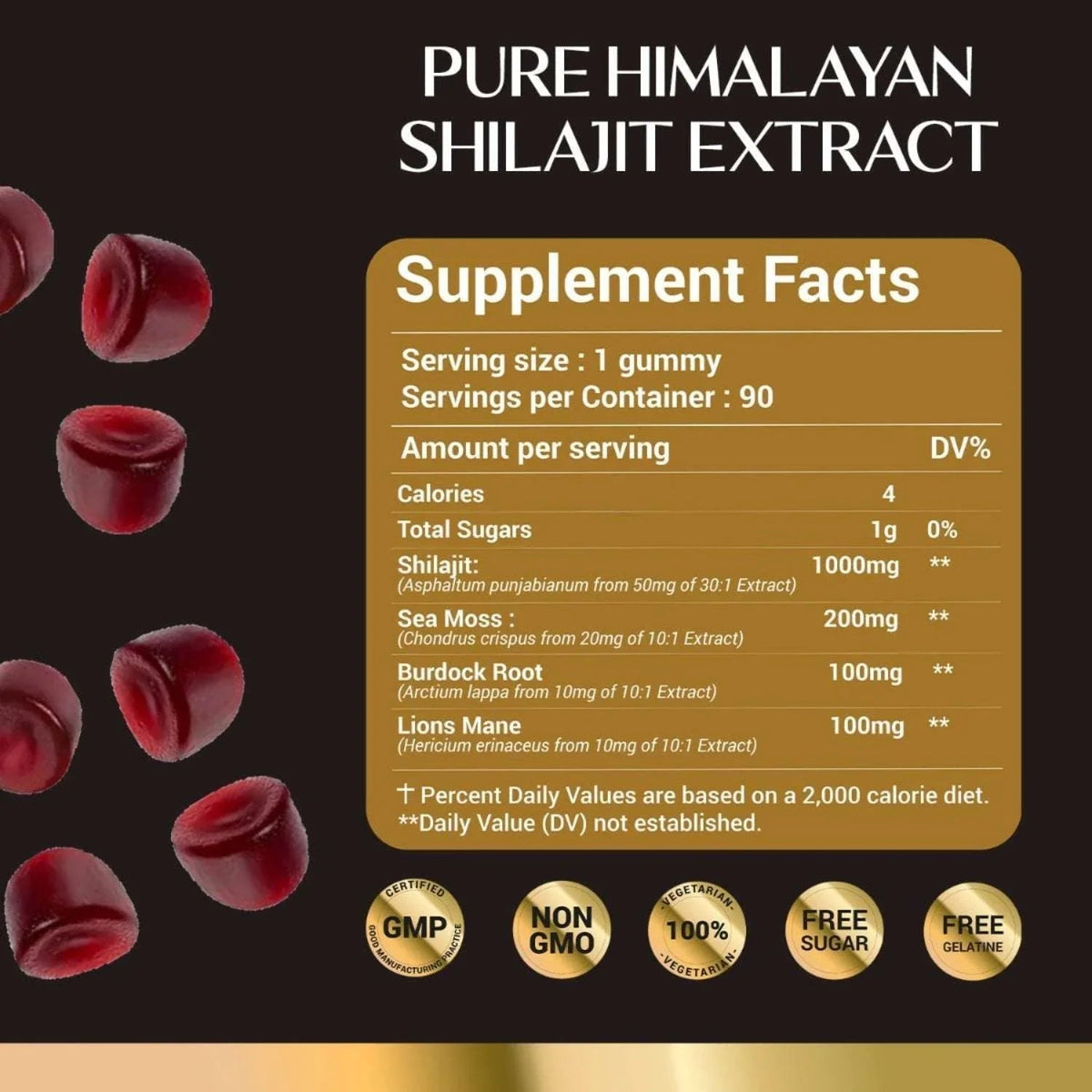 Supplement facts label for Pure Himalayan Shilajit Extract gummies with red gummy bears on a dark background.