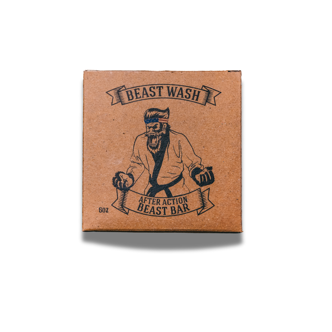 Beast Wash packaging with a graphic of a bearded man lifting weights on a white background
