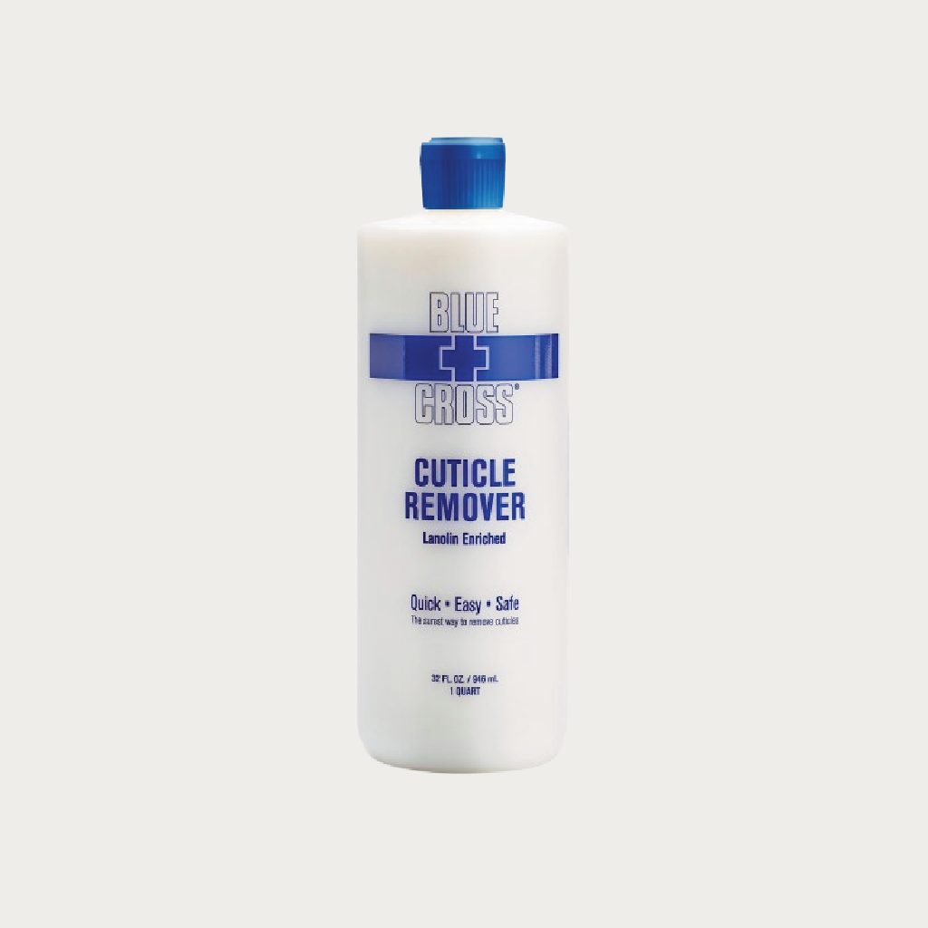 A white plastic bottle of Blue Cross Cuticle Remover with a blue cap and blue label accents, centered on a light gray background.