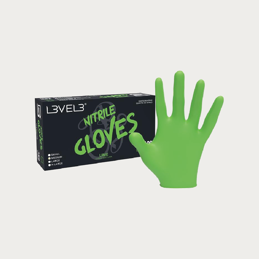 A bright lime green nitrile glove displayed next to its black and green retail box, labeled 'L3VEL3 Nitrile Gloves' in the size Large.