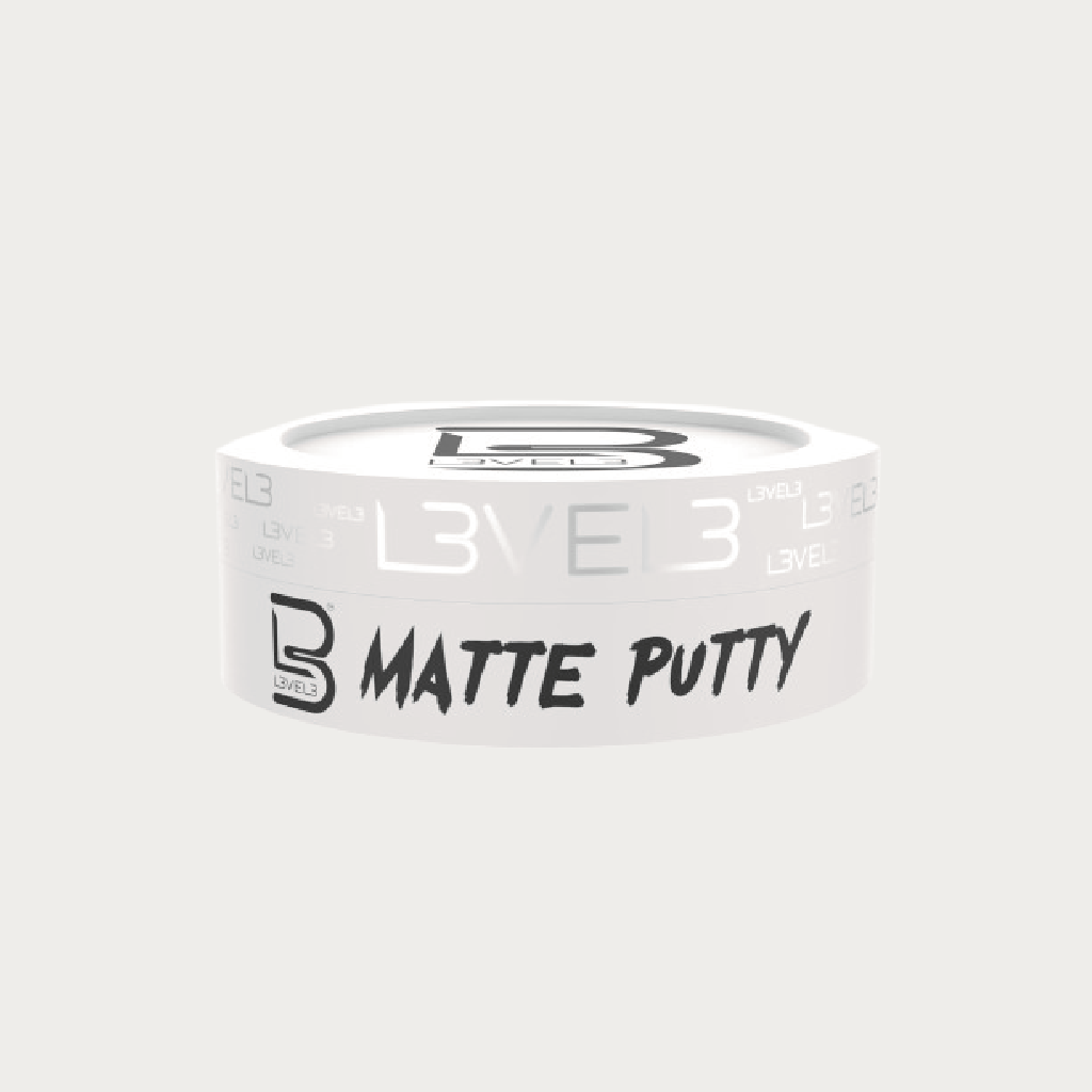 A white plastic jar of Level 3 Matte Putty with black text, shown on a light gray background.