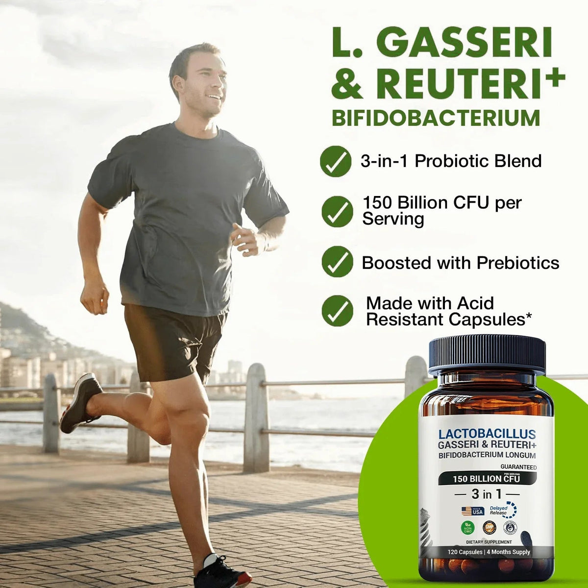 Man running with L. Gasseri & Reuteri probiotic supplement bottle on a green circle