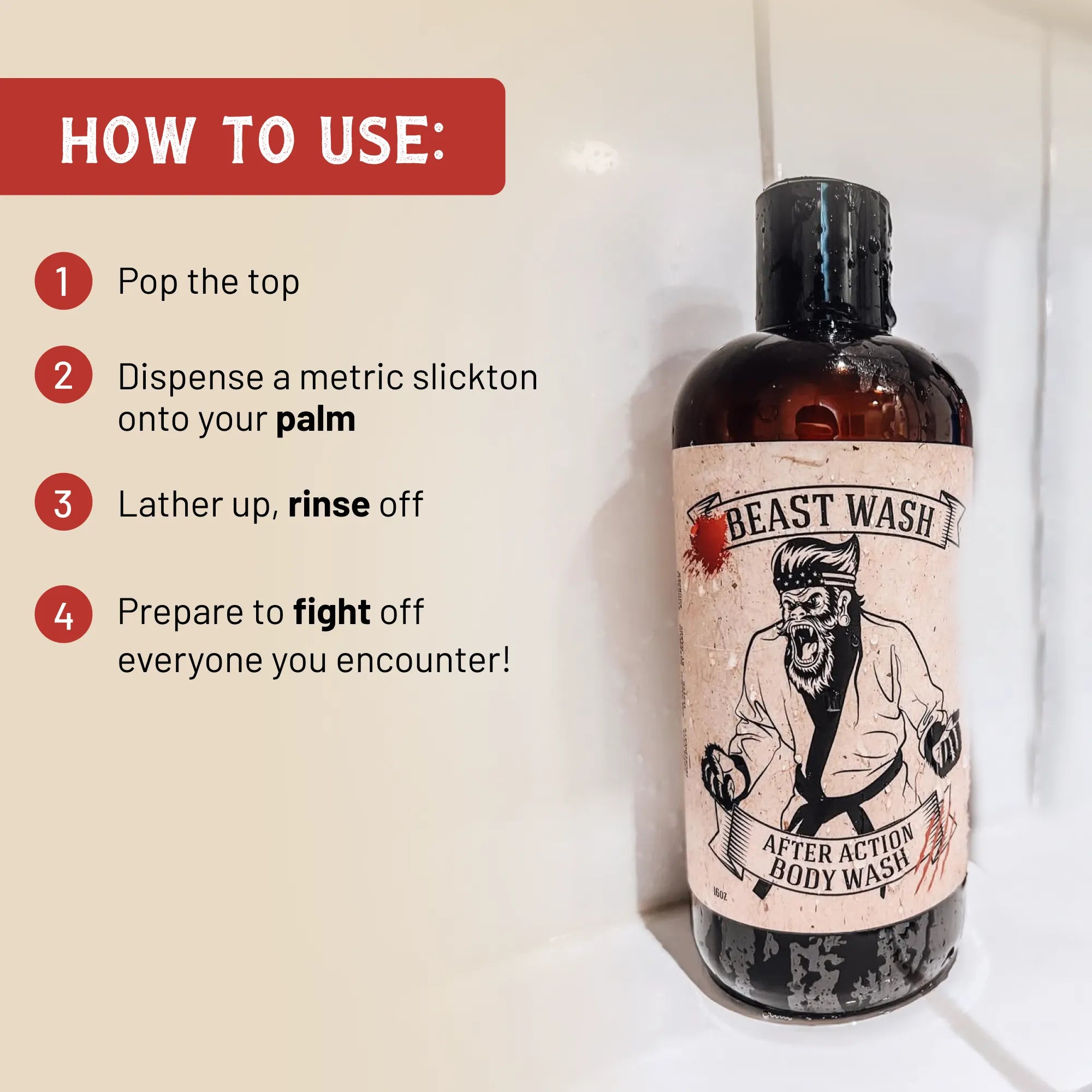 Bottle of 'Beast Wash' after action body wash with usage instructions on a white background.