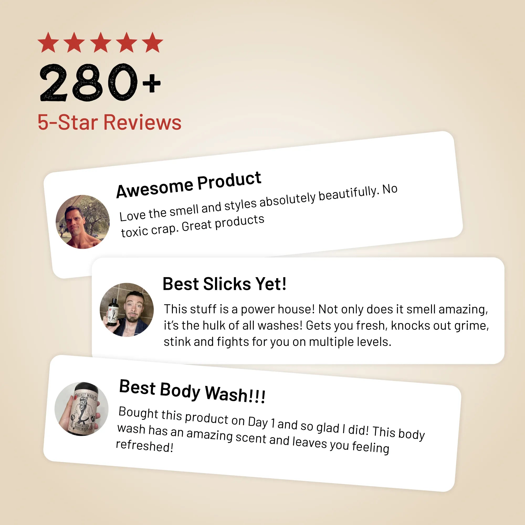 Five-star product reviews with user avatars and text on a beige background