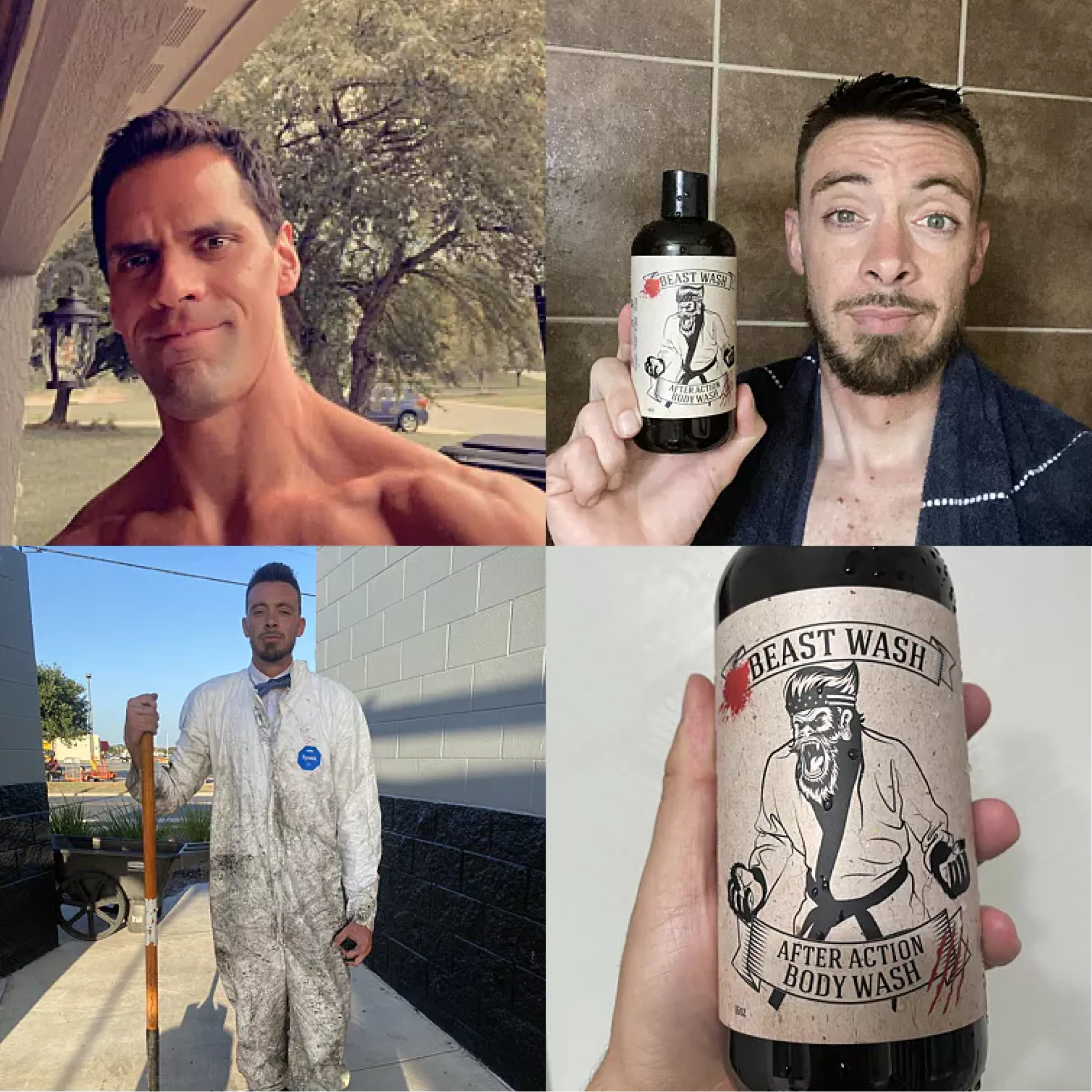 Collage of a man outdoors, holding a bottle of Beast Wash after action body wash.