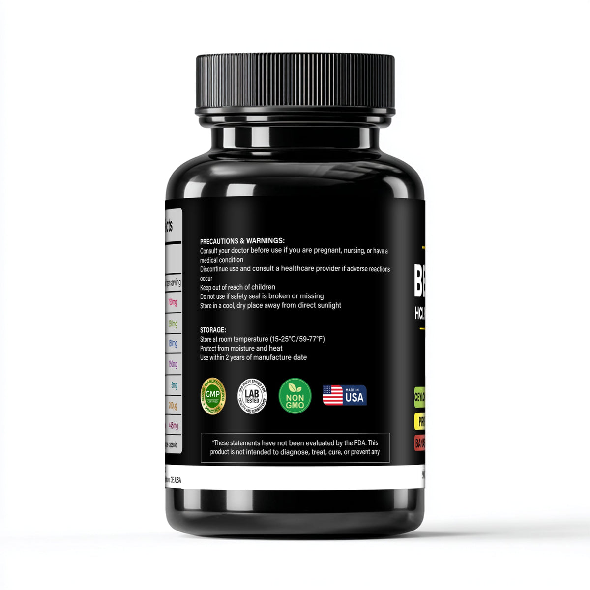 Black supplement bottle with label on a white background