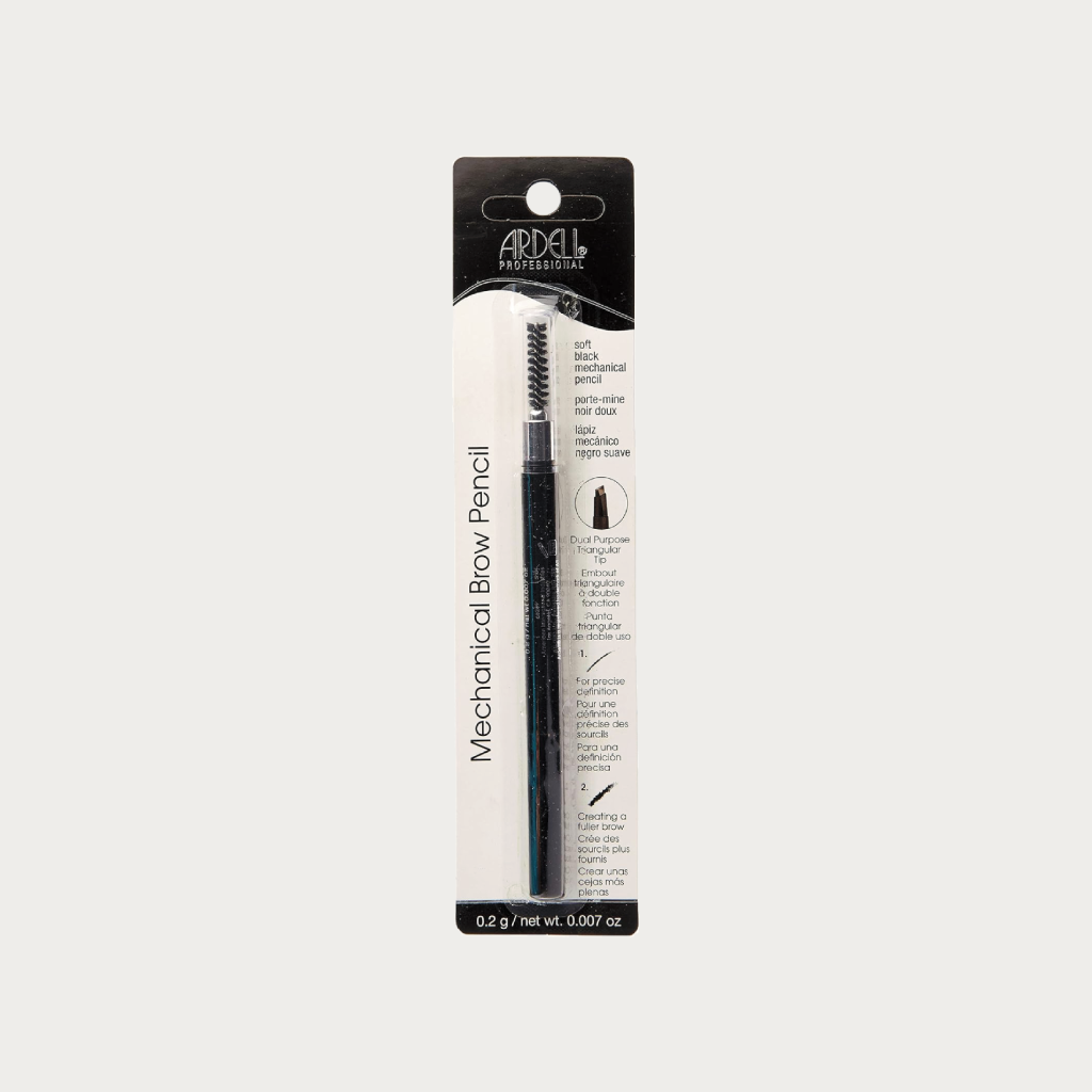 A professional mechanical brow pencil in its original retail packaging, featuring a black and white card with product details and branding.