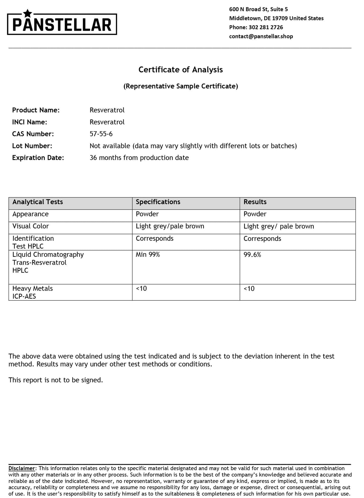 Panstellar Essentials NAD+ Liposomal 2000mg Certificate of Analysis