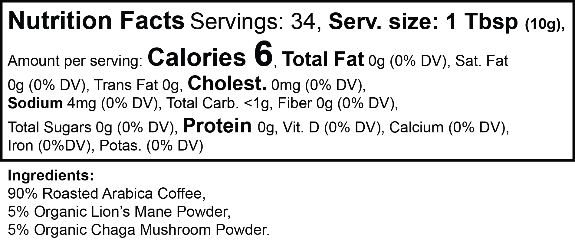 Vitalidad Natural Mushroom Coffee (Medium Roast), 12 Oz. Nutrition Facts