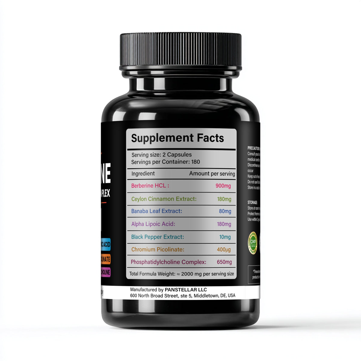 A black supplement bottle with a black ribbed cap, showing the Supplement Facts label on a clean white background.