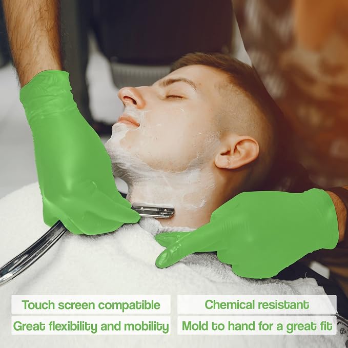 Person getting a shave with green gloves on, with text about glove features.