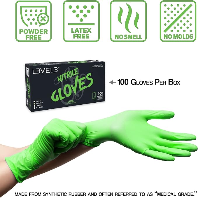 Green nitrile gloves with a box labeled 'LEVEL3 Nitrile Gloves' on a white background.