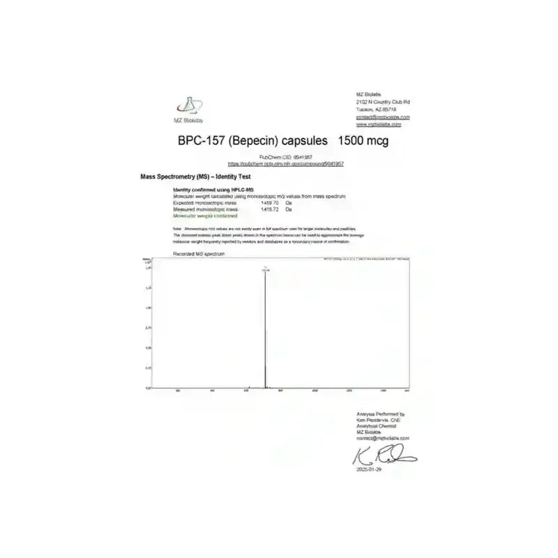 A document page for BPC-157 (Bepecin) capsules, 1500 mcg, featuring a mass spectrometry (MS) profile graph and product details from MK Pharma.