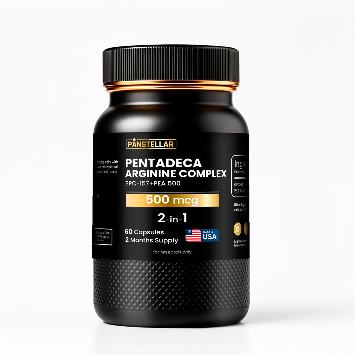 A black supplement bottle labeled 'PANTELLAR Pentadeca Arginine Complex 500 mg' with a ribbed black cap and a gold accent band, shown on a clean white background.