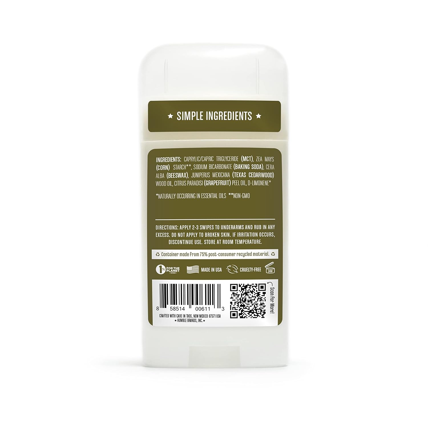 Humble All Natural Deodorant Original Cedarwood & Grapefruit, 2.5 oz.
